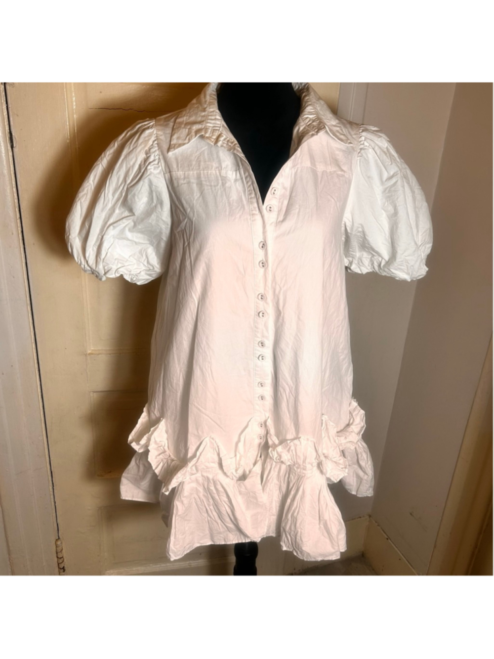 Aureum White Cotton Ruffle Mini Shirt Dress M Romantic Summer Minimalist Light